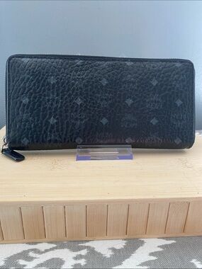 MCM Black Monogram Visetos Zip Wallet with Box and Dust Bag